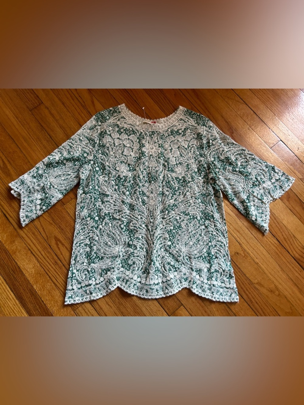Solitaire Green White Floral Embroidered Blouse 3/4 Sleeves Women’s Size L